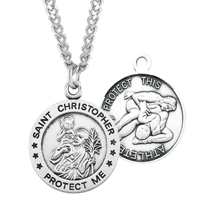 Saint Christopher Round Sterling Silver Wrestling Male Athlete Medal, Catholic Gift, Made in USA