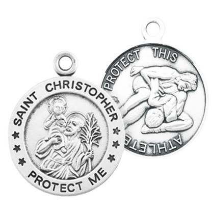 Saint Christopher Sterling Silver Wrestling Medal Pendant — 24" Chain, USA Made