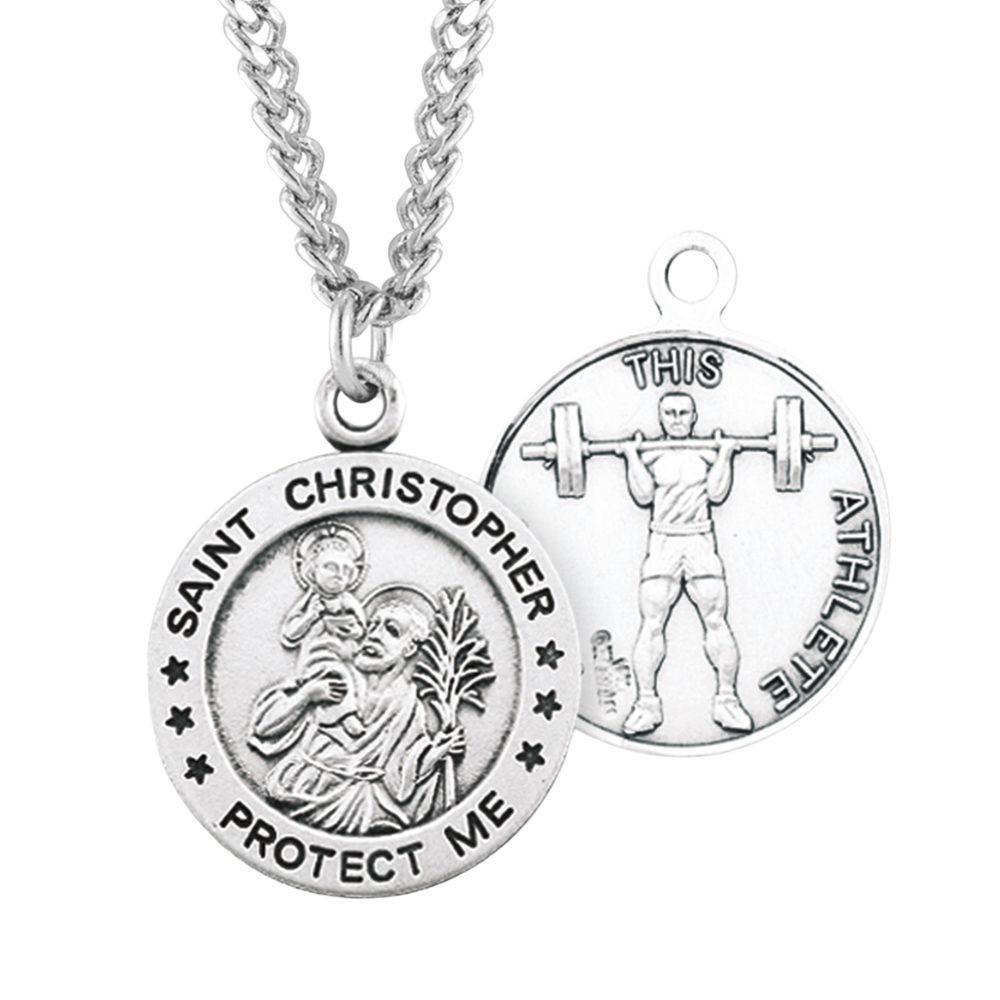 Saint Christopher Round Sterling Silver weightlifting Male Athlete Medal, Catholic Gift, Made in USA