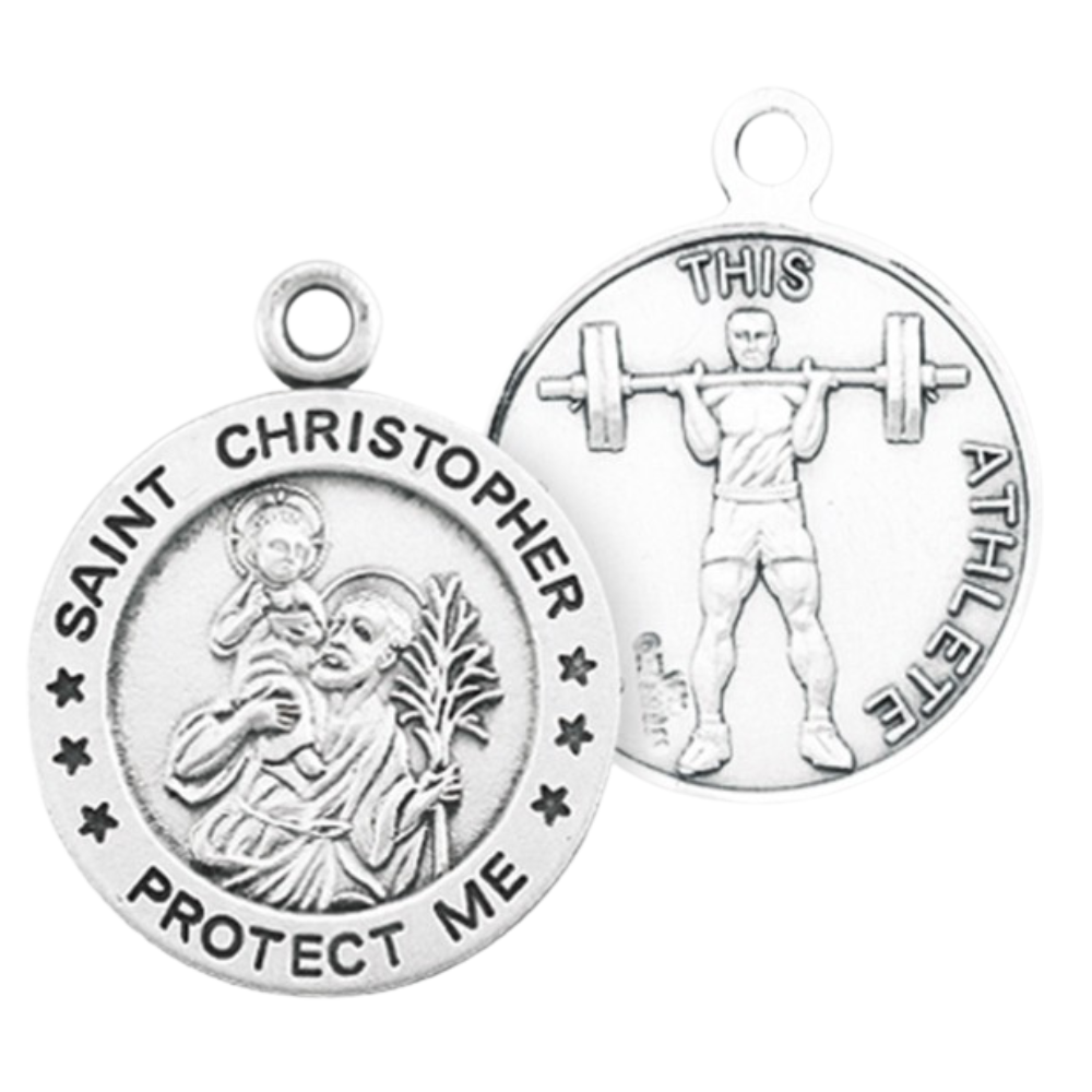 Saint Christopher Sterling Silver Weightlifting Athlete Medal — 24" Chain