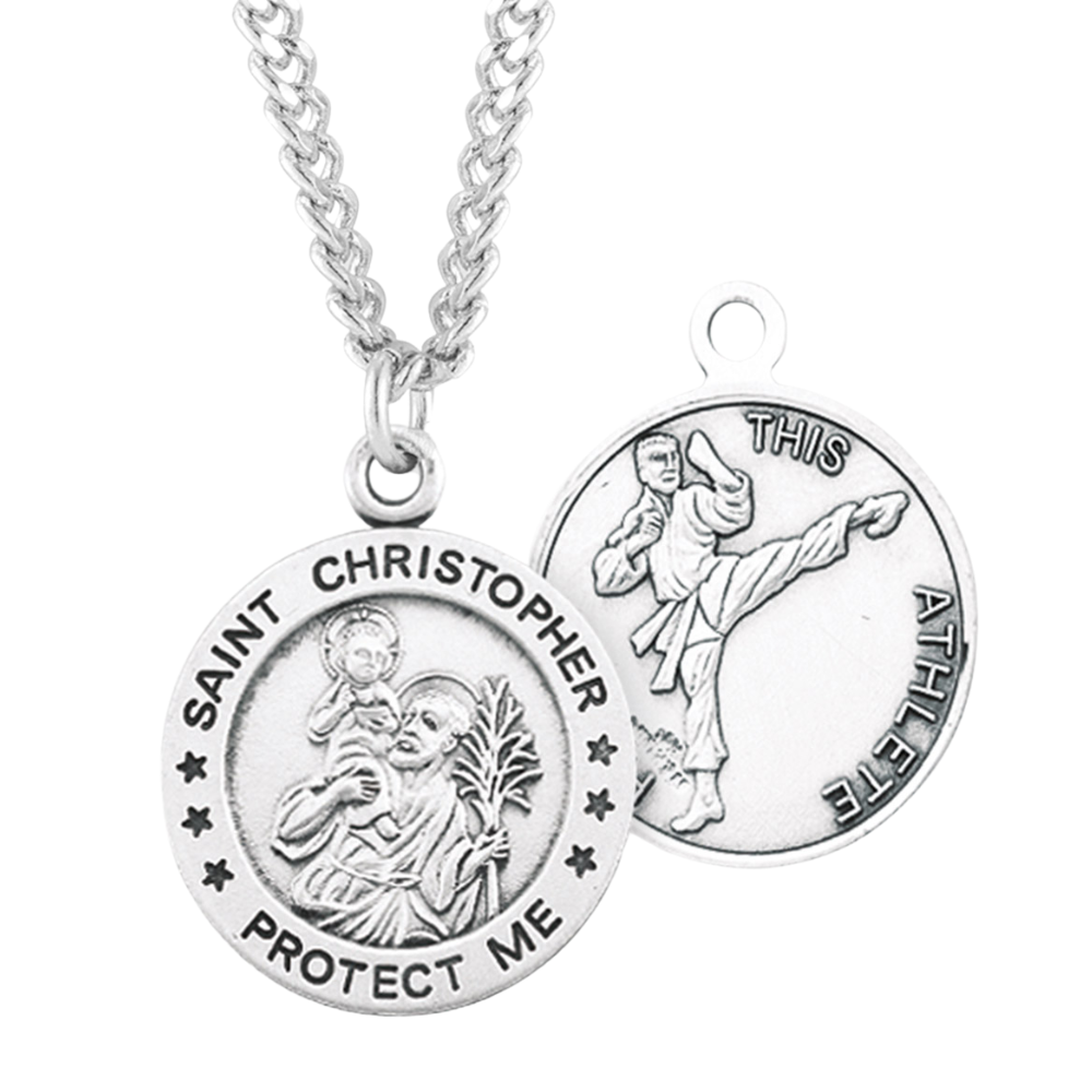 Saint Christopher Round Sterling Silver Martial Arts Male Athlete Medal, Catholic Gift, Made in USA