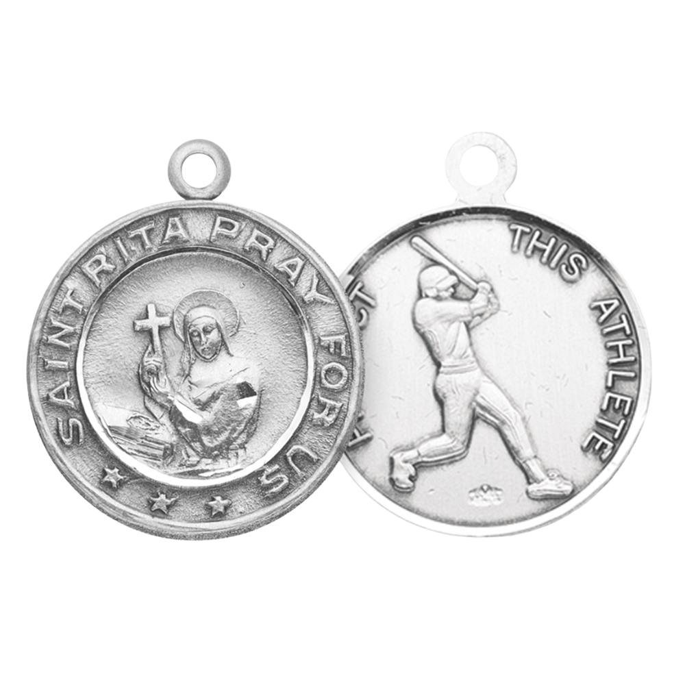 Saint Rita Baseball Medal Sterling Silver Pendant Necklace — 24" Chain, Gift Box