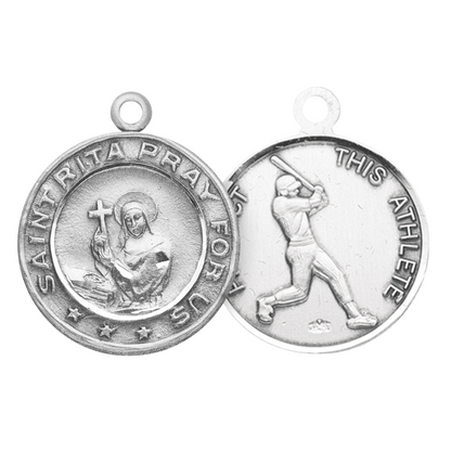 Saint Rita Baseball Medal Sterling Silver Pendant Necklace — 24" Chain, Gift Box