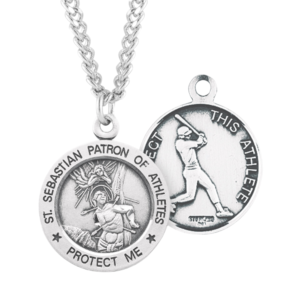 Saint Sebastian Round Sterling Silver Baseball Male Athlete Medal, Catholic Gift, Made in USA
