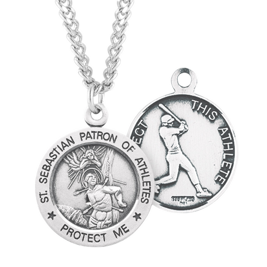Saint Sebastian Round Sterling Silver Baseball Male Athlete Medal, Catholic Gift, Made in USA