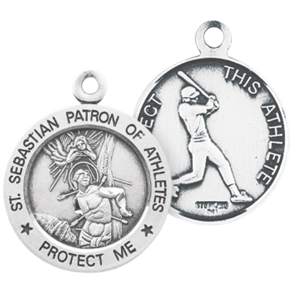 Saint Sebastian Sterling Silver Baseball Medal Necklace — 24" Chain, Gift Box