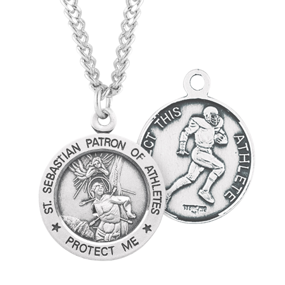 Saint Sebastian Round Sterling Silver Football Male Athlete Medal, Catholic Gift, Made in USA