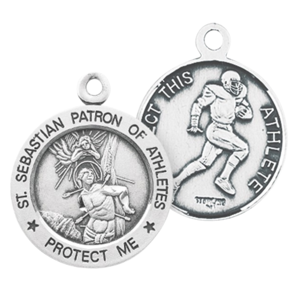 Saint Sebastian Sterling Silver Football Medal Pendant — 24" Chain, USA Made