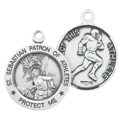 Saint Sebastian Sterling Silver Football Medal Pendant — 24" Chain, USA Made