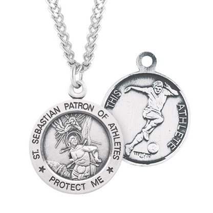 Saint Sebastian Round Sterling Silver Soccer Male Athlete Medal, Catholic Gift, Made in USA