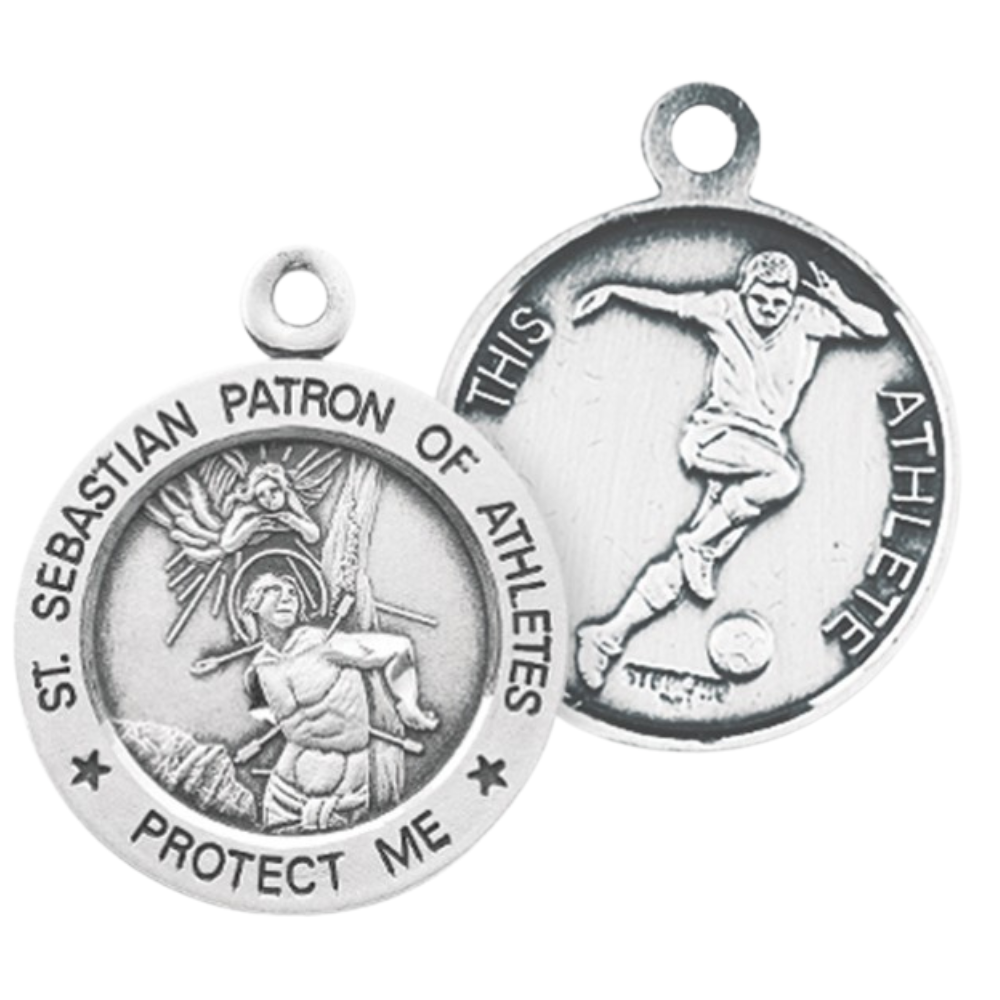 Saint Sebastian Sterling Silver Soccer Medal Necklace — 24" Chain, Gift Box