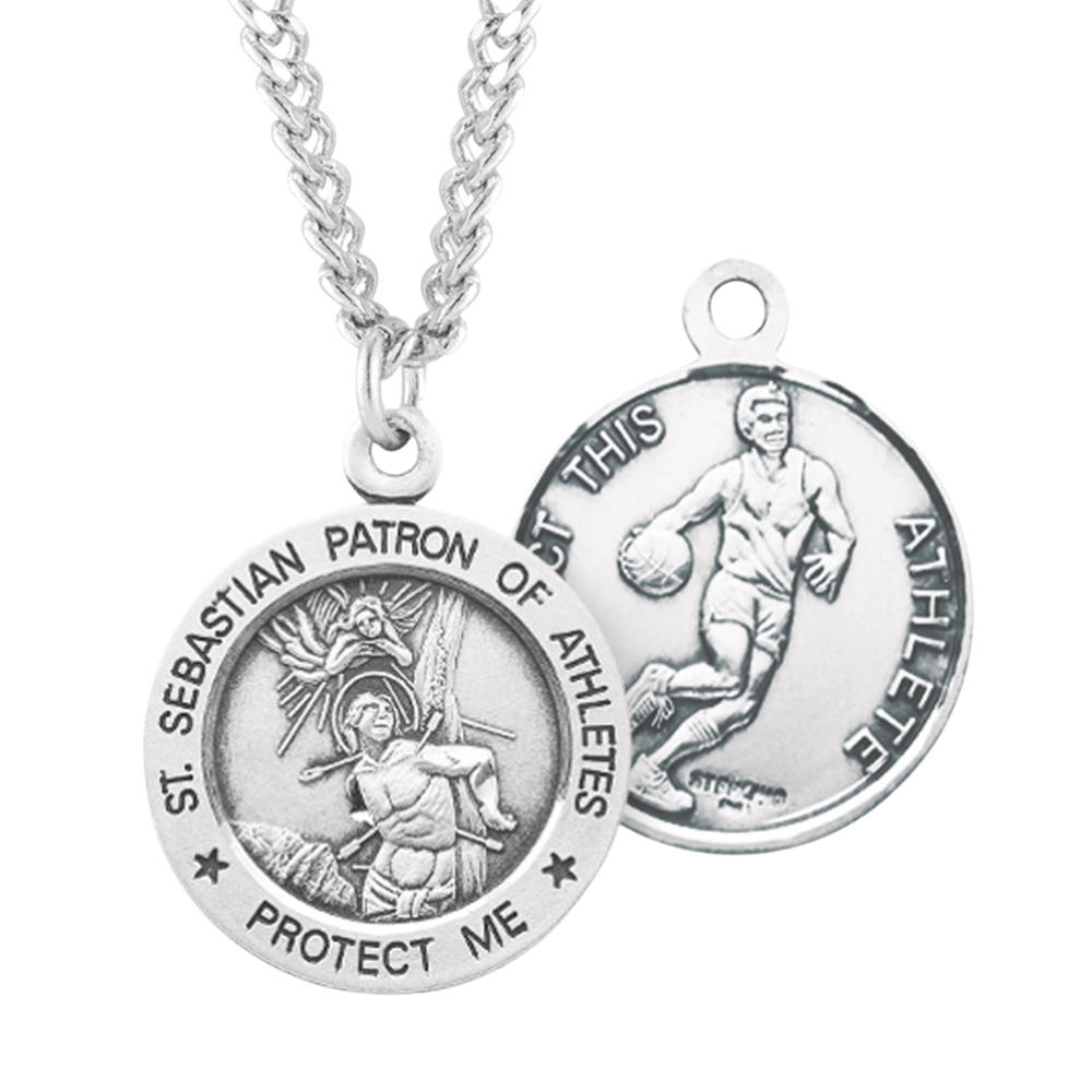 Saint Sebastian Round Sterling Silver Basketball Male Athlete Medal, Catholic Gift, Made in USA