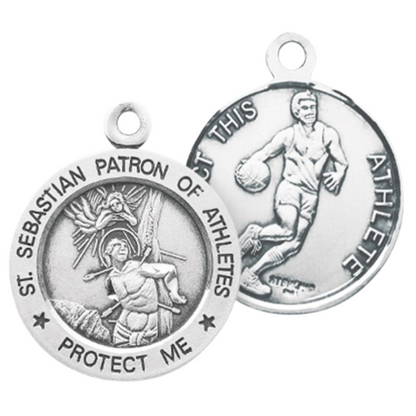 Saint Sebastian Sterling Silver Basketball Medal Pendant — 24" Chain, Gift Box