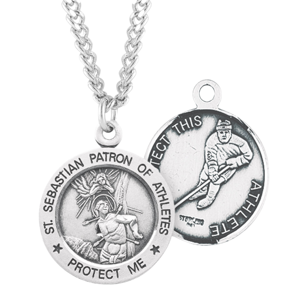 Saint Sebastian Round Sterling Silver Hockey Male Athlete Medal, Catholic Gift, Made in USA