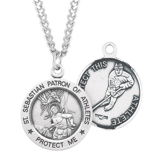Saint Sebastian Round Sterling Silver Hockey Male Athlete Medal, Catholic Gift, Made in USA
