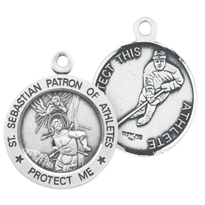 Saint Sebastian Sterling Silver Hockey Medal Pendant — 24" Chain, Gift Box