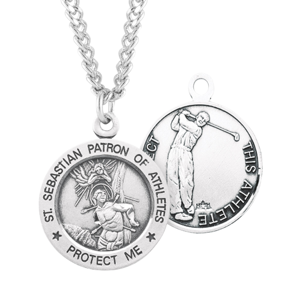 Saint Sebastian Round Sterling Silver Golf Male Athlete Medal, Catholic Gift, Made in USA
