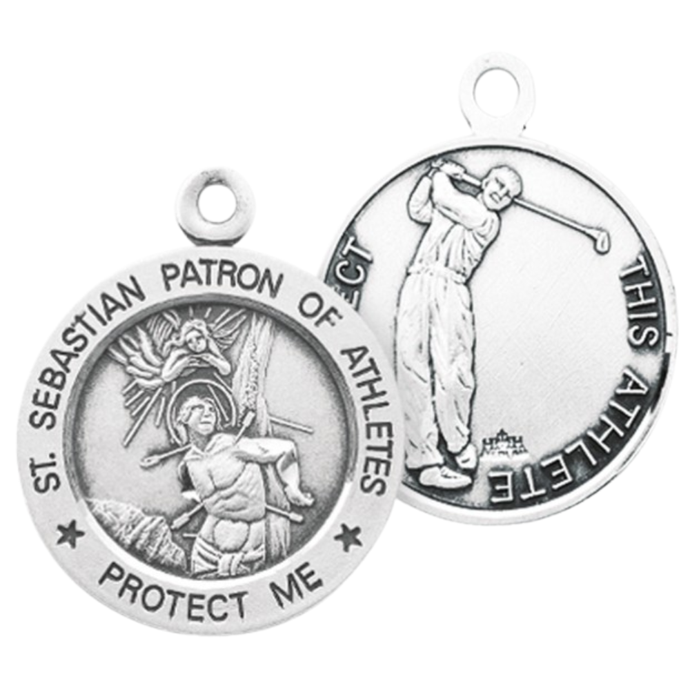 Saint Sebastian Sterling Silver Round Golf Athlete Medal — 24" Chain