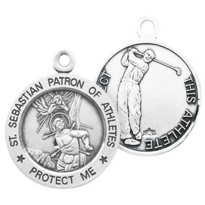 Saint Sebastian Sterling Silver Round Golf Athlete Medal — 24" Chain