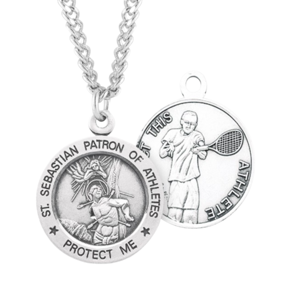 Saint Sebastian Round Sterling Silver Tennis Male Athlete Medal, Catholic Gift, Made in USA