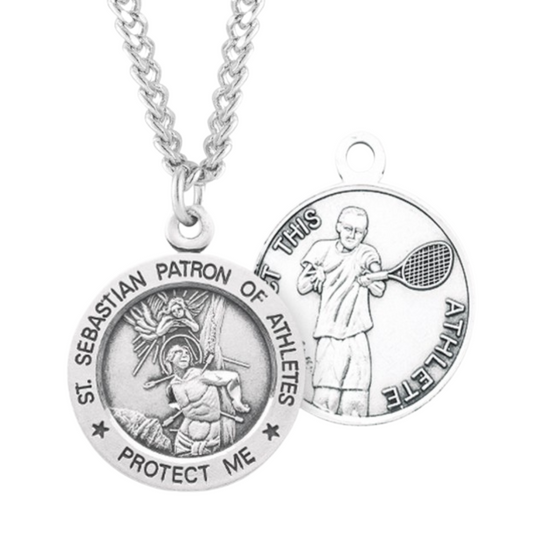 Saint Sebastian Round Sterling Silver Tennis Male Athlete Medal, Catholic Gift, Made in USA