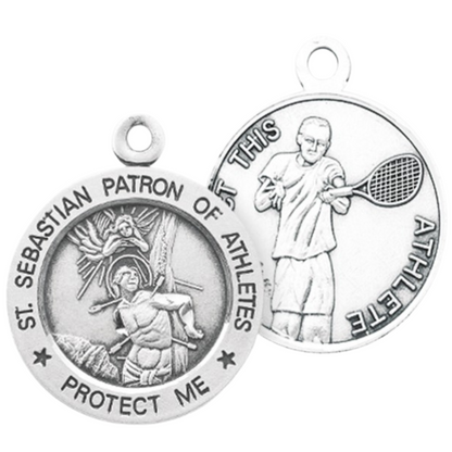 Saint Sebastian Sterling Silver Tennis Medal Necklace — 24" Chain, Made in USA