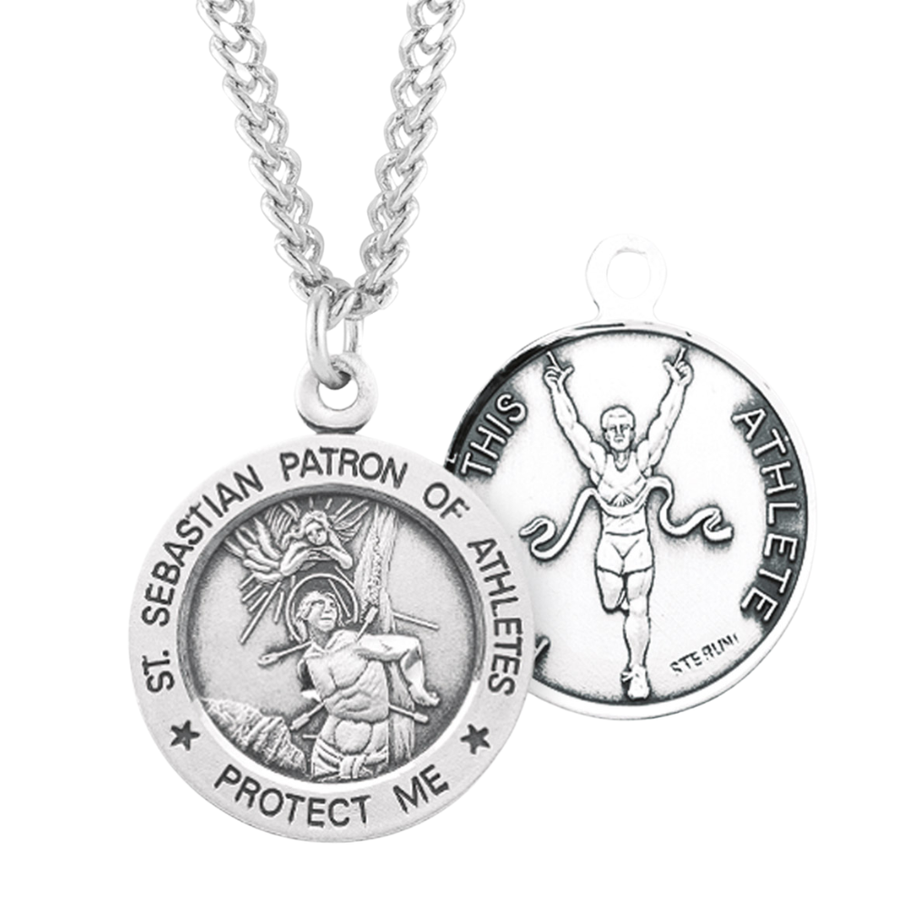 Saint Sebastian Round Sterling Silver Track Male Athlete Medal, Catholic Gift, Made in USA