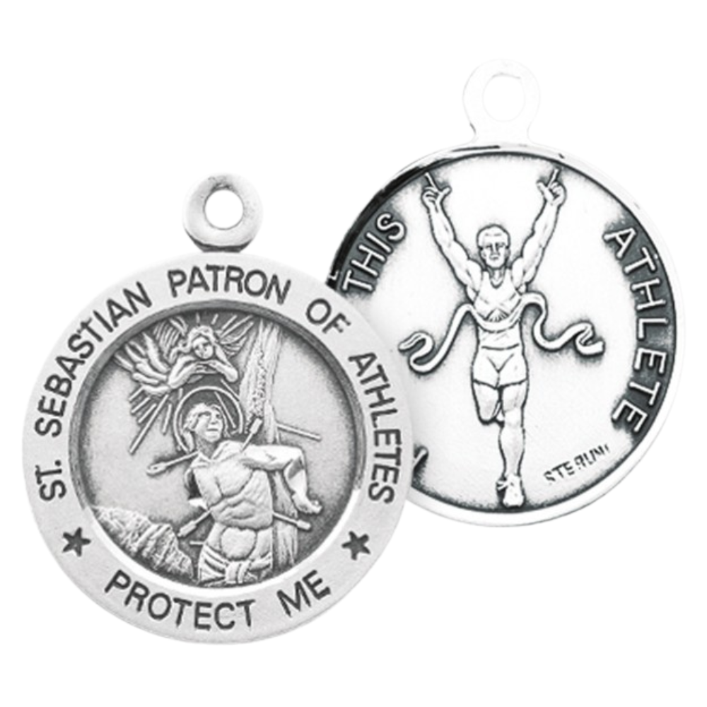Saint Sebastian Sterling Silver Round Track Male Athlete Medal — 24 Inch Chain