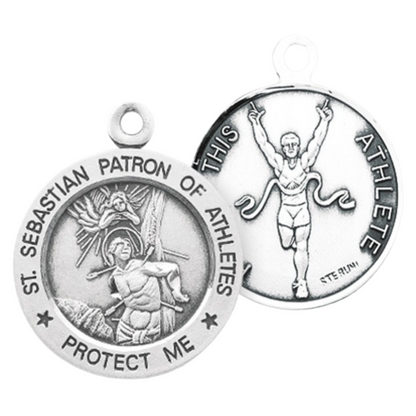 Saint Sebastian Sterling Silver Round Track Male Athlete Medal — 24 Inch Chain