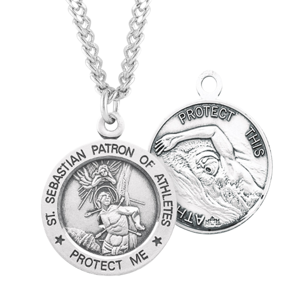 Saint Sebastian Round Sterling Silver Swimming Male Athlete Medal, Catholic Gift, Made in USA