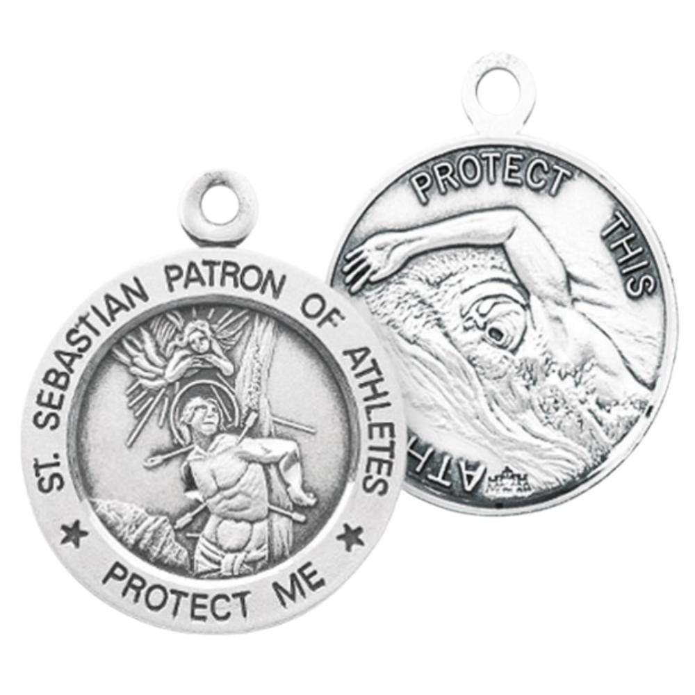 Saint Sebastian Sterling Silver Swimming Medal — 24" Chain, Gift Box Included