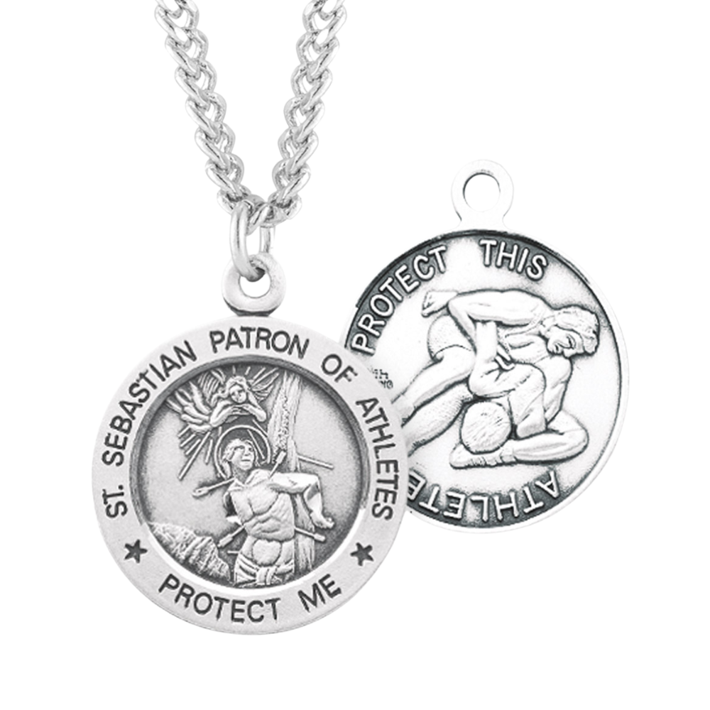 Saint Sebastian Round Sterling Silver Wrestling Male Athlete Medal, Catholic Gift, Made in USA