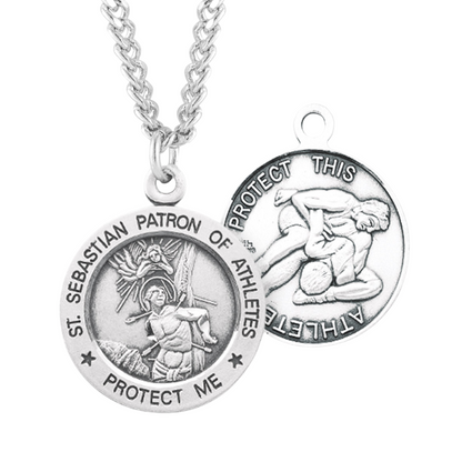 Saint Sebastian Round Sterling Silver Wrestling Male Athlete Medal, Catholic Gift, Made in USA