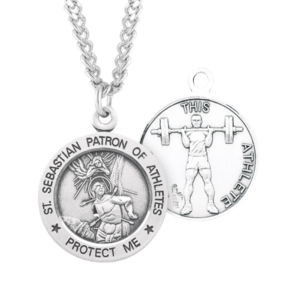 Saint Sebastian Round Sterling Silver weightlifting Male Athlete Medal, Catholic Gift, Made in USA