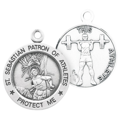 Saint Sebastian Sterling Silver Weightlifting Athlete Medal - 24 Inch Chain