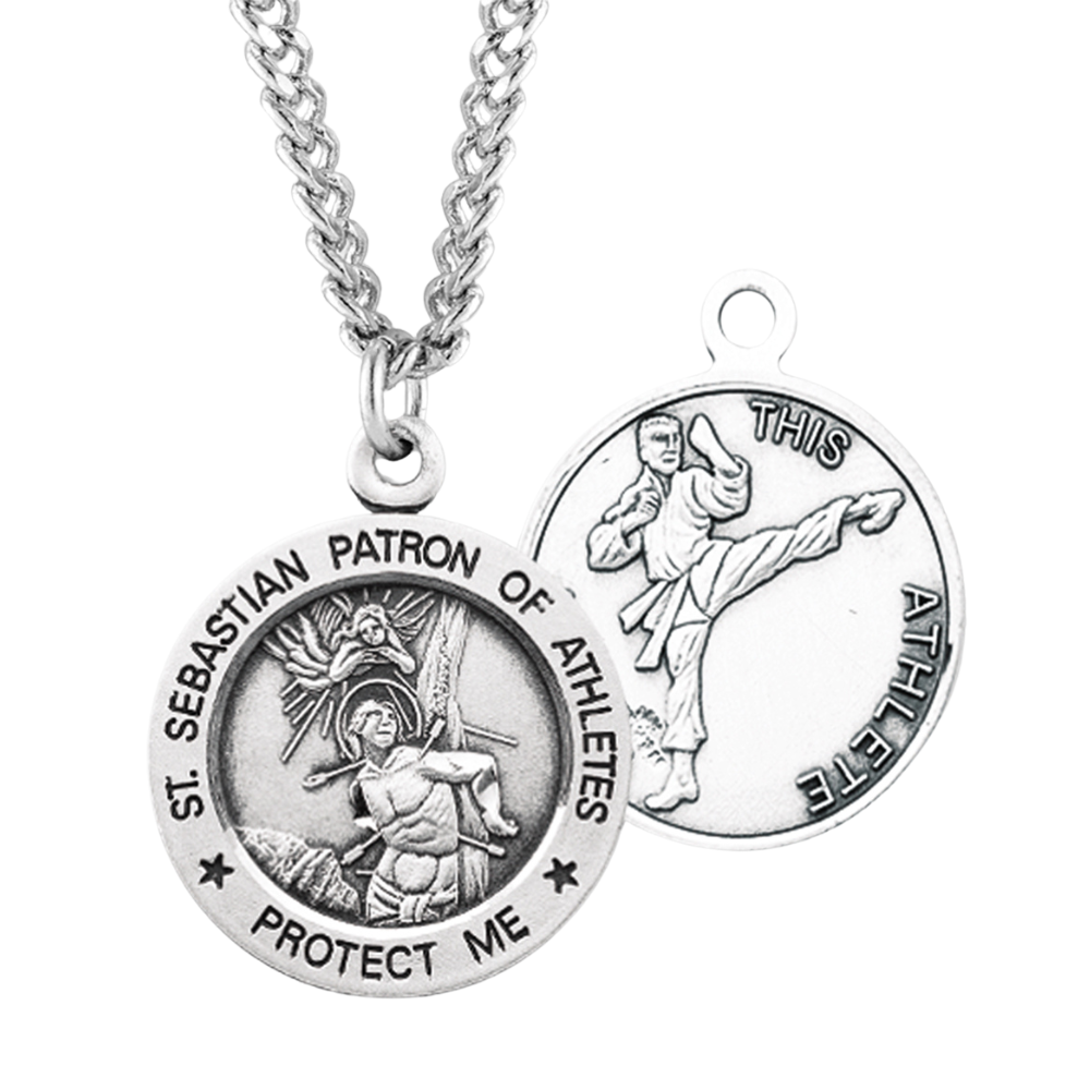 Saint Sebastian Round Sterling Silver Martial Arts Male Athlete Medal, Catholic Gift, Made in USA