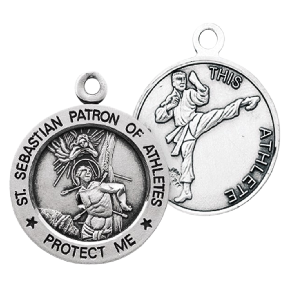 Saint Sebastian Sterling Silver Martial Arts Medal — 24" Chain, Gift Box