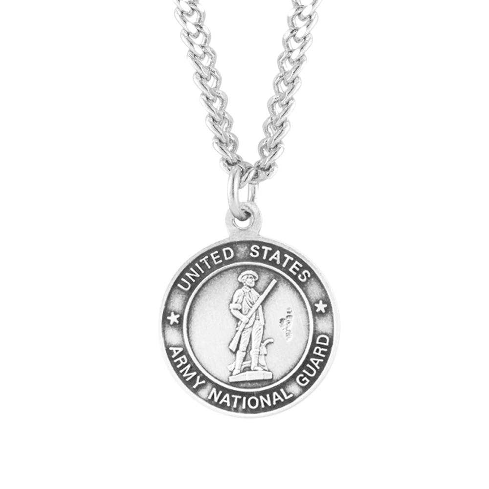 Sterling Silver Army National Guard Medal with St. Christopher on Reverse Side, Catholic Gift, Made in USA