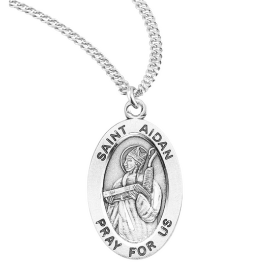 Sterling Oval St. Aidan Medal Pendant Necklace, 20" Rhodium Plated Stainless Steel Chain, Made in USA- Deluxe Velvet Gift Box Included