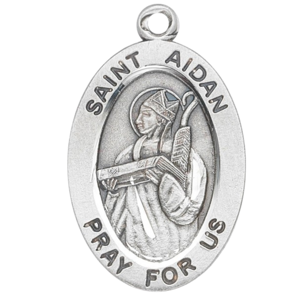 Saint Aidan Sterling Silver Oval Medal Pendant — 20" Chain, Gift Box Included