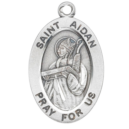 Saint Aidan Sterling Silver Oval Medal Pendant — 20" Chain, Gift Box Included