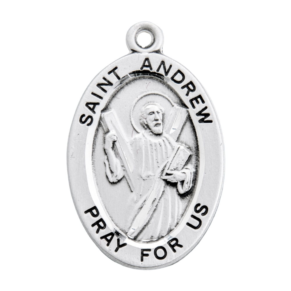 Saint Andrew Sterling Silver Oval Medal Pendant — 20" Chain, Gift Box Included