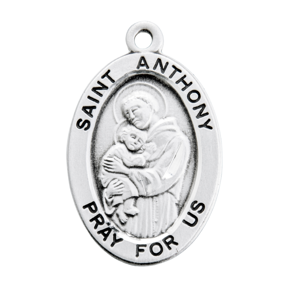 Saint Anthony Sterling Silver Oval Medal Pendant — 20" Chain, Made in USA