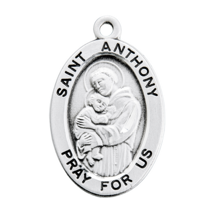 Saint Anthony Sterling Silver Oval Medal Pendant — 20" Chain, Made in USA