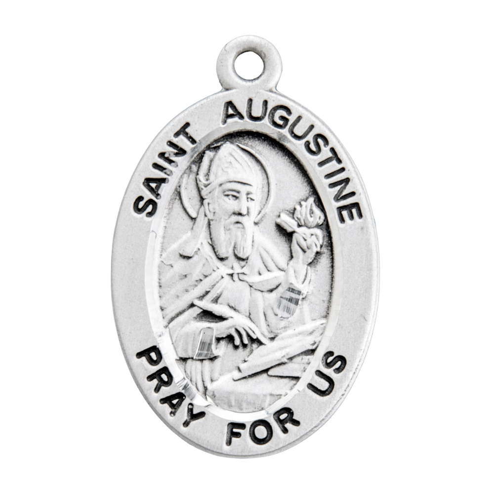 Saint Augustine Sterling Silver Oval Medal — 20" Chain, Gift Box Included