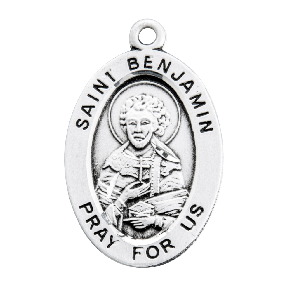 Saint Benjamin Oval .925 Sterling Silver Medal — 20" Chain, Made in USA, Gift Box