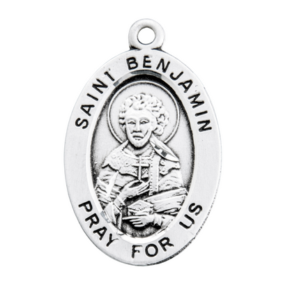 Saint Benjamin Oval .925 Sterling Silver Medal — 20" Chain, Made in USA, Gift Box