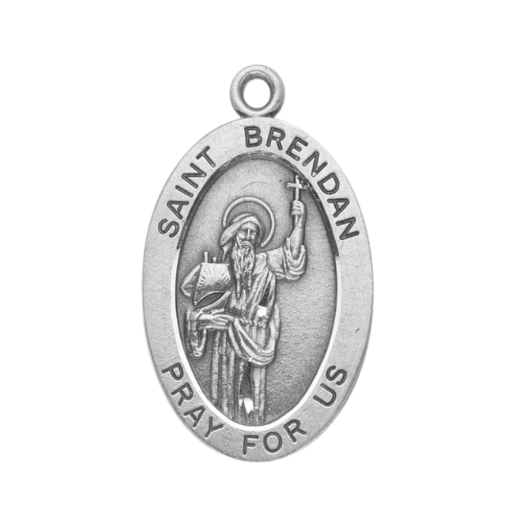 Sterling Oval St. Brendan Medal Pendant Necklace, 20" Rhodium Plated Stainless Steel Chain, Made in USA- Deluxe Velvet Gift Box Included