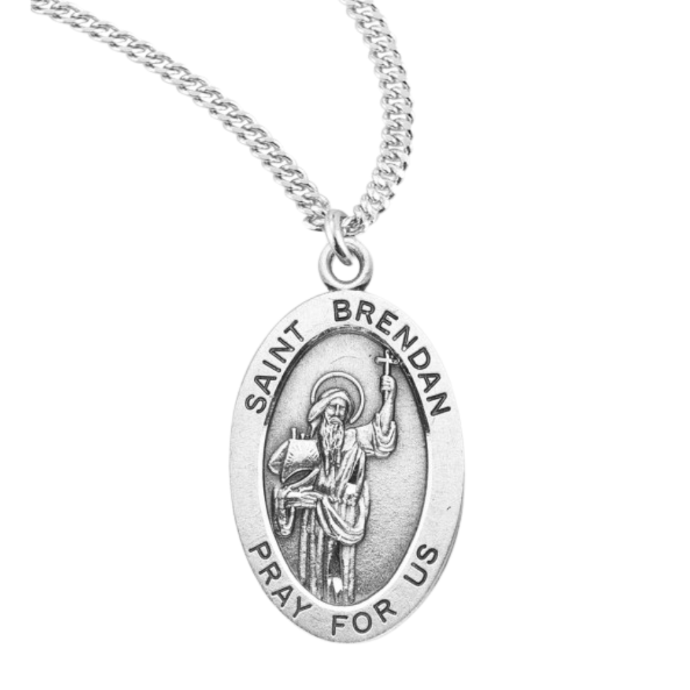 Sterling Oval St. Brendan Medal Pendant Necklace, 20" Rhodium Plated Stainless Steel Chain, Made in USA- Deluxe Velvet Gift Box Included