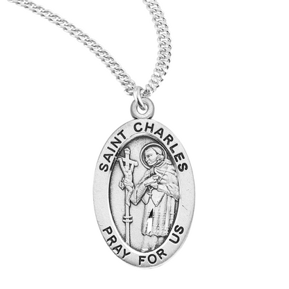 Patron Saint Charles Oval Sterling Silver Medal, Catholic Gift, Made in USA